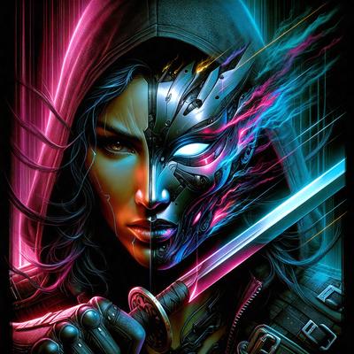 The primary subject of the image is a woman holding a sword. She is wearing a hooded jacket and has a cyborg-like appearance. The setting is a futuristic environment, with a backdrop of a cityscape. The visual style is a digital art or illustration, with a dominant color scheme of pink, blue, and purple. The overall atmosphere is one of strength and power.